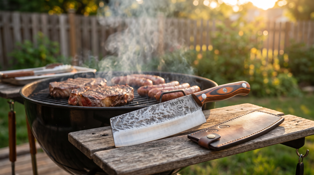 MWTP Cleaver 2.0 with leather sheath beside a backyard charcoal grill